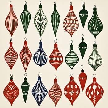 Decorative Christmas ornaments in red, green, and blue hues hang elegantly, capturing the festive essence of the holiday season.