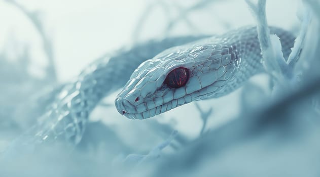 The white snake slithers gracefully through frost-laden branches, showcasing its striking appearance against the winter backdrop.