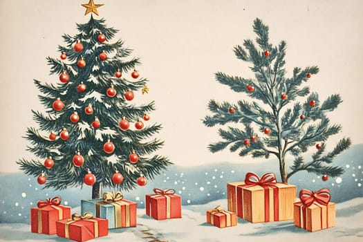Two beautifully decorated Christmas trees stand amidst wrapped presents in a snowy environment, evoking holiday cheer and celebration.