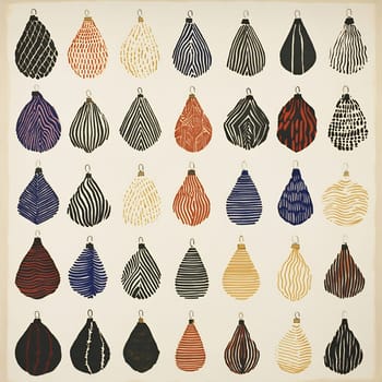 Repeating decorative ornaments in various colors and patterns are arranged neatly on a light background, demonstrating artistic design.