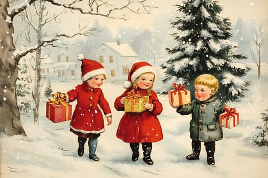 Three cheerful children in winter attire joyfully walk through falling snow, each holding colorful gifts near a cozy house.