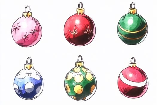 A collection of six hand-drawn Christmas ornaments showcasing different colors and festive designs for holiday cheer.