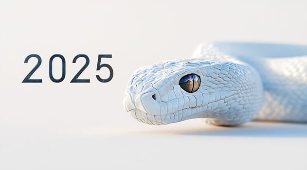 A sleek white snake is prominently featured, highlighting its unique texture alongside the year 2025 in a minimalist setting.