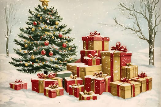 A decorated Christmas tree stands amidst a charming winter wonderland, surrounded by presents wrapped in vibrant colors.