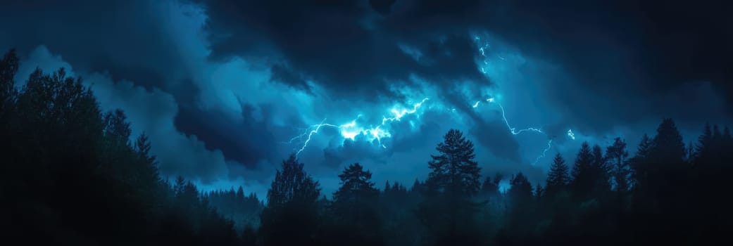 Powerful lightning strike with dark blue storm clouds above the forest. Scary lightning bolt in the night sky.