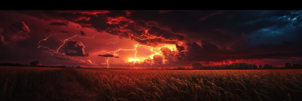 Powerful lightning strikes with dark grey and red storm clouds above field. Scary lightning bolt in night sky.