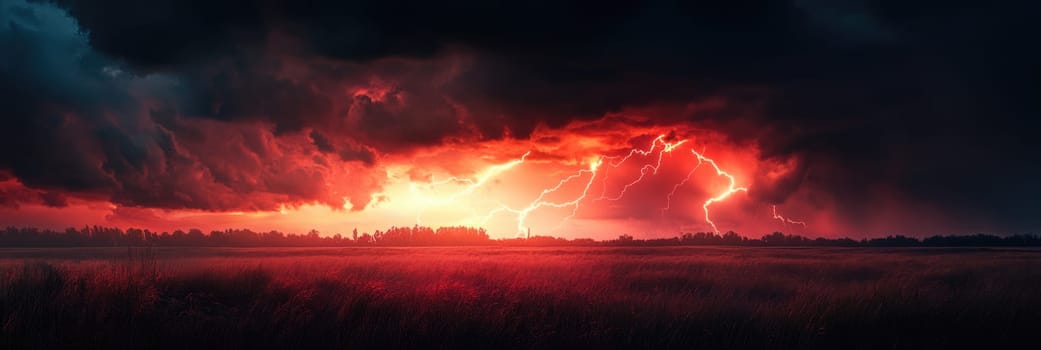 Powerful lightning strikes with dark red storm clouds above the field. Scary lightning bolt in night sky.