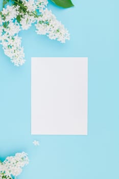 Creative flat lay concept top view of blank postcard frame mock up and white lilac flowers petals on pastel blue background with copy space in minimal style, template for lettering, text or design