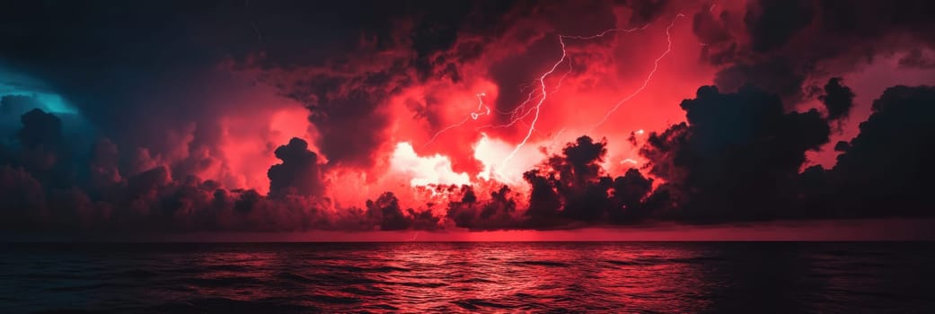 Powerful lightning strike in the sky with dark red storm clouds above the sea at night.
