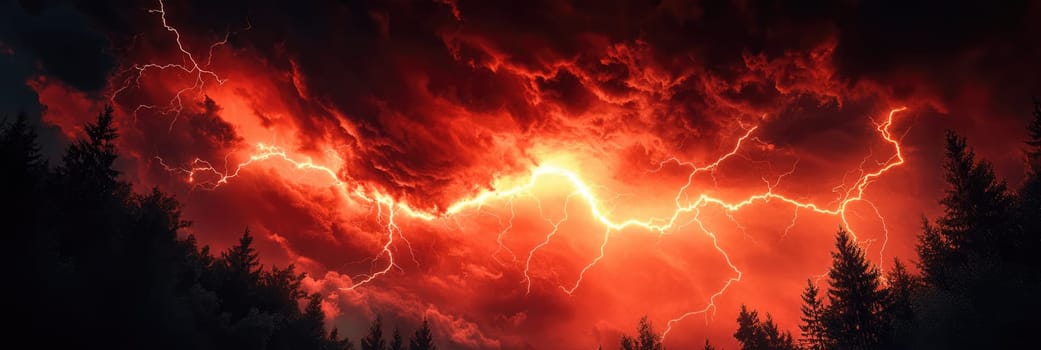 Powerful lightning strike with dark red storm clouds above the forest. Scary lightning bolt in the night sky.