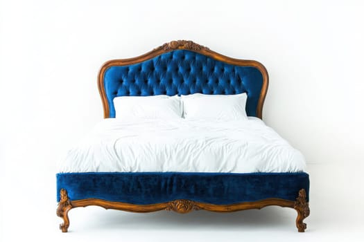 This luxurious bed frame features a deep blue upholstered headboard and intricate wooden detailing, offering an inviting and stylish centerpiece in a bright, minimalist environment.