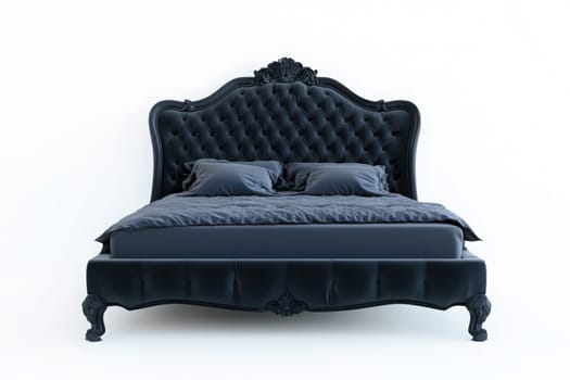 This luxurious bed frame with a tufted headboard and ornate details stands out in a minimalist space, adding sophistication to any bedroom aesthetic.