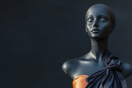 A sleek mannequin showcases a beautifully designed dress with an elegant color palette. The minimalist display emphasizes the fashion, highlighting the garments unique features and textures.
