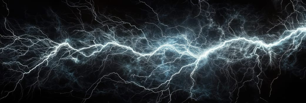White lightning bolt with branching fingers on black background.