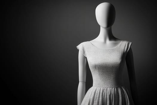 A sleek mannequin showcases a chic dress in a clean, minimalist environment. The setting emphasizes contemporary fashion, highlighted by subtle lighting that enhances the design.