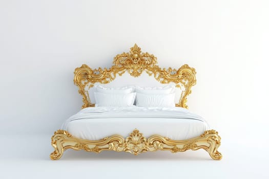 A stunning gold bed frame stands proudly in the center of a minimalist space. The intricate design combined with plush white bedding creates a refined and opulent atmosphere for relaxation.