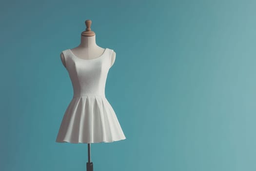 A stylish mannequin showcases a clean, simple white dress, highlighting its design against a soft blue wall. This elegant display captures the essence of minimalist fashion.
