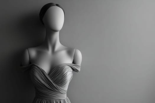 A chic mannequin stands elegantly, showcasing a beautifully designed dress in a clean, minimalist style. The soft lighting enhances the graceful lines of the garment against a neutral backdrop.