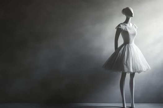 A stylish mannequin stands in a softly illuminated space, showcasing a beautiful dress with lace details. The clean and minimalist design highlights the elegance of the outfit seamlessly.
