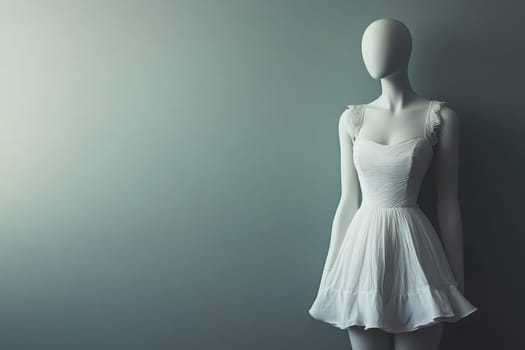 A sleek mannequin dressed in a simple white dress stands elegantly against a soft gray backdrop in a retail setting. The minimalist design emphasizes the dresss delicate features.