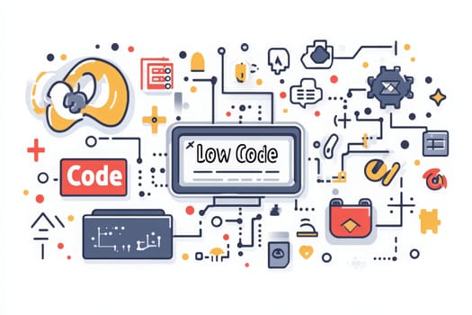 This vibrant design showcases the concept of low code development, featuring various coding symbols interconnected with lines and shapes, illustrating a modern approach to software creation.