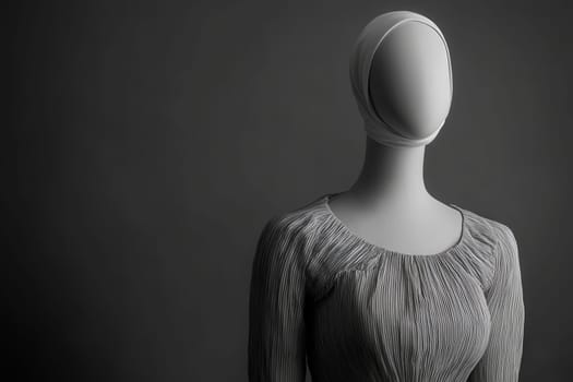 A minimalist mannequin showcases a stylish dress, featuring subtle textures and a simple design. The clean backdrop emphasizes the elegance of the garment in this modern display.