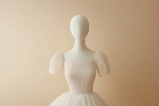 A sleek mannequin elegantly displays a white dress with puffed sleeves, set against a soft, neutral backdrop. The minimalist design emphasizes the dresss delicate details.