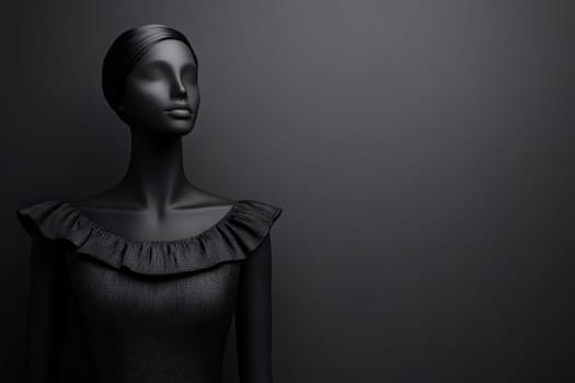 The display features a stylish mannequin dressed in a sophisticated garment, set against a dark, minimalist backdrop in a fashion studio, highlighting the garments elegant design.