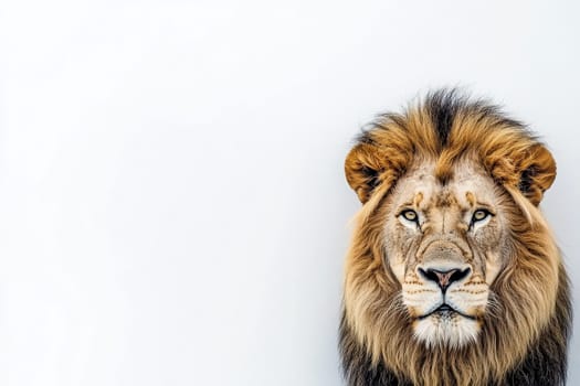 A lion stands alone, exuding strength and confidence. Its piercing eyes and majestic mane capture the essence of wild beauty in a clean, simple environment.