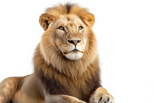 The lion sits proudly, displaying its powerful build and impressive mane. Its calm demeanor contrasts with the simplicity of the background, highlighting its regal presence.