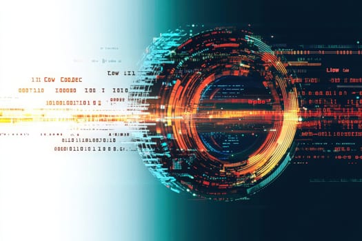 The artwork highlights the concept of low-code development, featuring a blend of coding symbols and abstract representations of data. This creative depiction showcases modern programming ideas.
