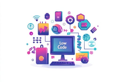 A vibrant computer screen displays the text Low Code, surrounded by various technology symbols and icons.