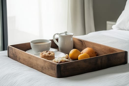 A tidy breakfast tray rests on a neatly made bed, showcasing a cup of coffee, a small pitcher, fresh fruit, and a pastry. The serene atmosphere enhances the minimalist design.