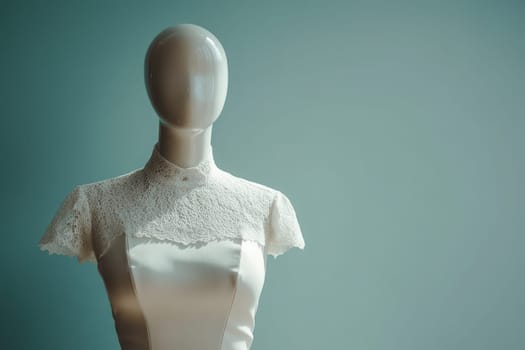 A stylish mannequin displays a beautiful lace dress, highlighting clean lines and minimalist design. The soft blue background enhances the elegance and simplicity of the garment.