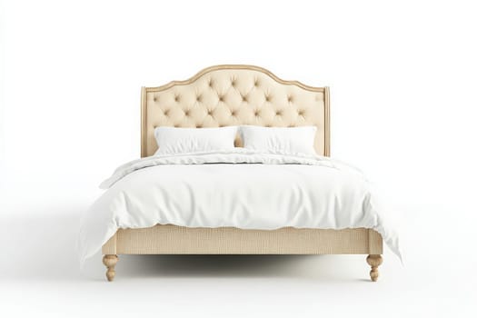 This luxurious bed frame, featuring a stylish tufted headboard, is positioned centrally against a white background. Soft white bedding enhances the sophisticated look of the decor.