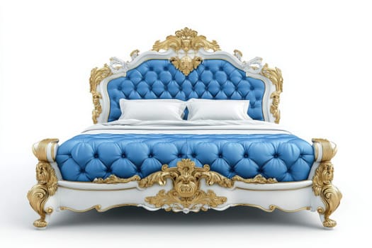 A stunning luxury bed frame features rich blue leather upholstery paired with ornate gold accents, standing elegantly isolated on a clean, bright background. This refined piece embodies opulence.