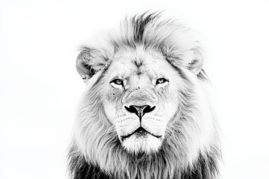 The lion stands proudly at the center, showcasing its powerful features and expressive eyes. The stark contrast enhances the animals majestic aura and details of its mane.