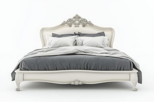 A beautifully designed luxury bed frame is showcased in the center, featuring ornate details and soft gray bedding, creating a serene and inviting atmosphere in a minimalist setting.