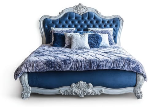 A stunning luxury bed frame sits elegantly in the center of a bright, airy space, adorned with plush bedding and decorative pillows, creating a stylish and inviting atmosphere for rest.