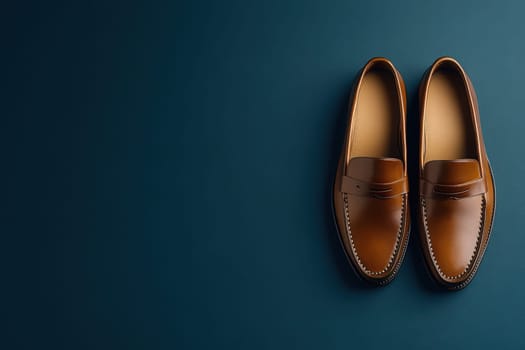 These elegant luxury loafers boast a rich brown leather finish, sitting neatly against a solid blue background, showcasing their sophisticated design and craftsmanship for modern fashion enthusiasts.
