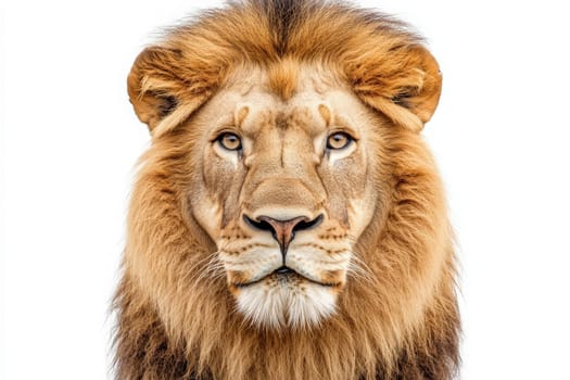 The lion presents its powerful demeanor, showcasing its impressive mane and piercing gaze while isolated against a stark white backdrop, emphasizing its regal presence and beauty.