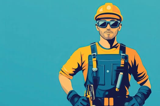 A mechanic stands with hands on hips, exuding confidence in a clean, minimalist design. He wears a bright orange shirt, overalls, and sunglasses, ready for a day of work in a vibrant environment.