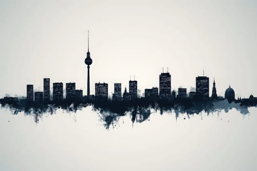 This artwork presents a minimalist depiction of Berlins skyline, emphasizing its iconic structures and urban landscape in a clean, simple format. The portrayal captures the essence of the city.