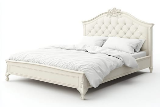 A beautifully designed luxury bed frame stands isolated, featuring an elegant headboard and soft white bedding, creating a serene and inviting atmosphere in a contemporary space.