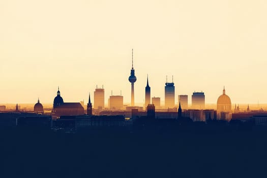The skyline of Berlin is elegantly captured at sunset, highlighting notable structures with a minimalist touch.