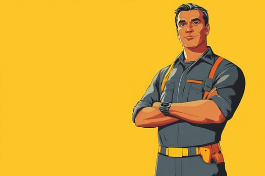 A mechanic stands proudly with crossed arms, wearing a work uniform and tools visible on his belt. The vibrant yellow background enhances the minimalist design, highlighting his confident demeanor.
