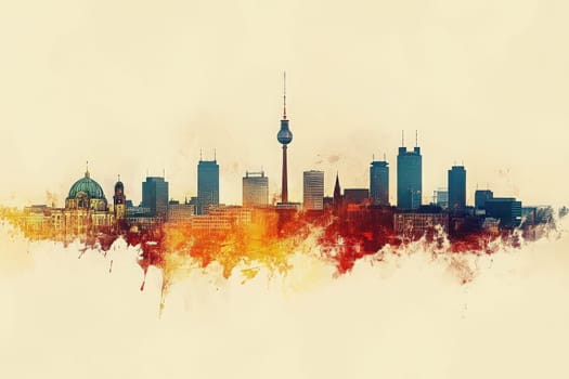 This artistic representation captures the Berlin skyline, highlighting iconic buildings against a sunset backdrop. The minimalist style emphasizes the citys architecture and atmosphere.