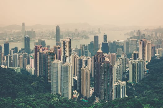 Haze Hong Kong downtown view from Victoria peak. Filtered shot
