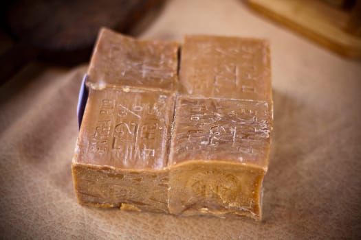 Handmade rustic soap in a beauty shop. Horizontal shot