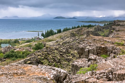 Lake in Pingvellir national park, Iceland. Overcast weather